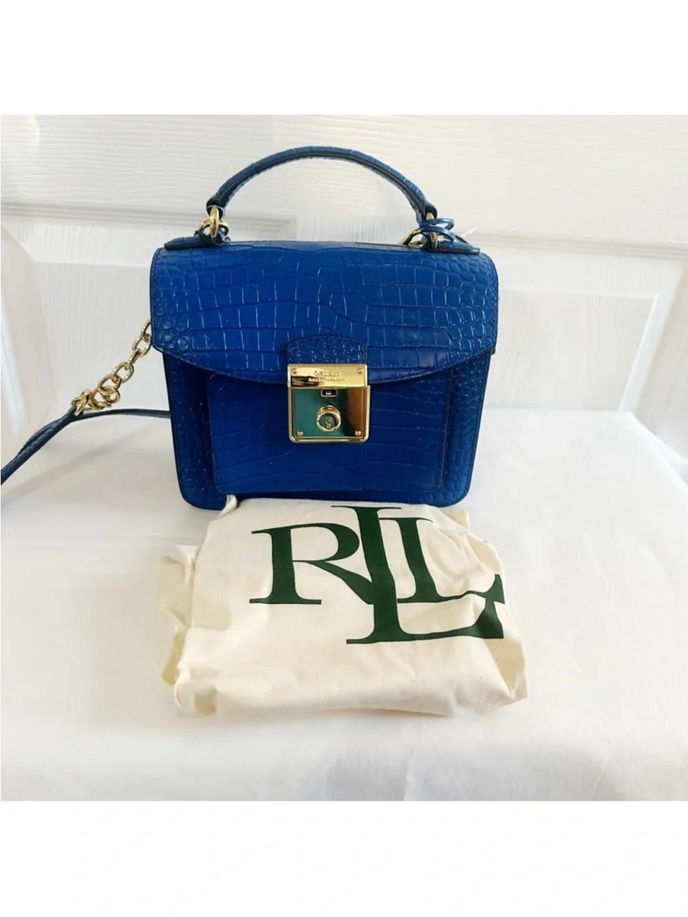 Lauren Ralph Lauren Blue Croc-Embossed Leather Top-Handle Bag with Gold Lock